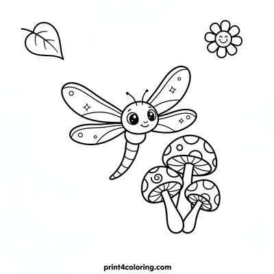 Shimmering Dragonfly in a Whimsical Garden - free printable coloring page