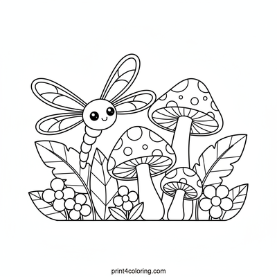 Sparkle-Wing Dragonfly's Magical Mushroom Garden - free printable coloring page