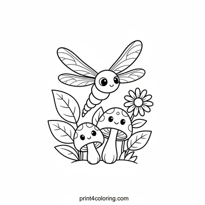 Sparkle-Wing Dragonfly's Magical Mushroom Garden - free printable coloring page