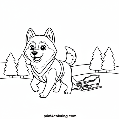 Happy Husky Sled Run - free printable coloring page