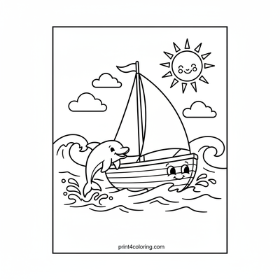 Speedy Sailboat & Leaping Dolphin - free printable coloring page
