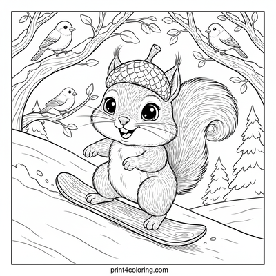 A Squirrel's Epic Acorn Snowboard Ride - free printable coloring page