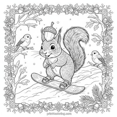 Snowboard Squirrel's Acorn Adventure - free printable coloring page