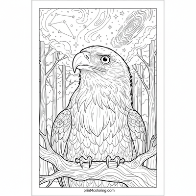 Celestial Sentinel: Star-Gazing Forest Eagle - free printable coloring page