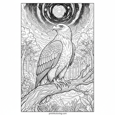 Cosmic Perch: Star-Gazing Forest Eagle - free printable coloring page