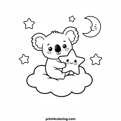 Whimsical Koala's Starry Cloud Dream - free printable coloring page