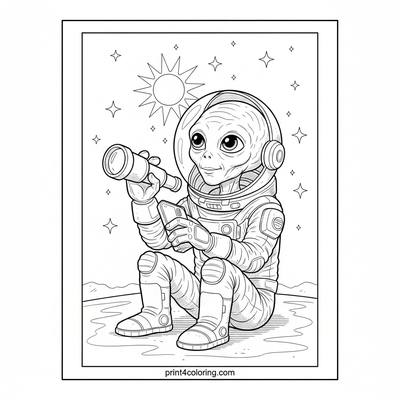 Pluto's Cosmic Gaze: Alien Scientist Stargazing - free printable coloring page