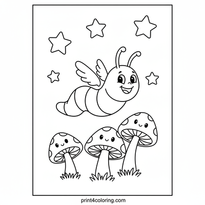Starlight Worm's Magical Mushroom Meadow - free printable coloring page