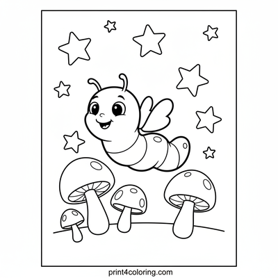 Starlight Worm's Magical Mushroom Flight - free printable coloring page