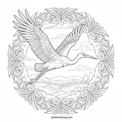 Soaring Stork Over Serene Landscape - free printable coloring page