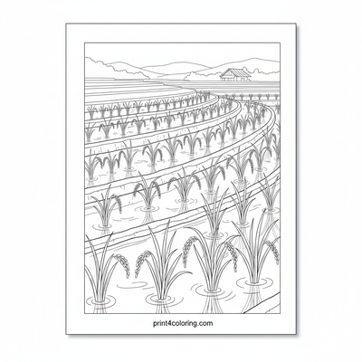 Golden Reflections: Sunny Rice Paddy Terraces - free printable coloring page