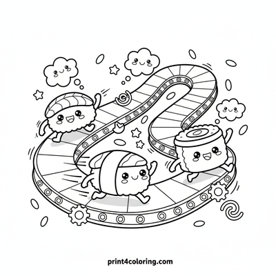 The Great Sushi Conveyor Belt Race - free printable coloring page