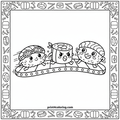 The Great Sushi Conveyor Belt Race - free printable coloring page