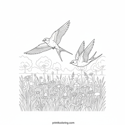 Graceful Swallows Over Wildflower Meadow - free printable coloring page