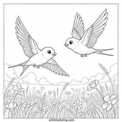 Graceful Swallows Over Wildflowers Meadow - free printable coloring page