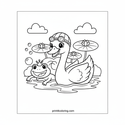 The Silly Swan and Frog Race - free printable coloring page