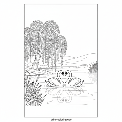 Lakeside Serenity: Elegant Swans and Weeping Willow - free printable coloring page