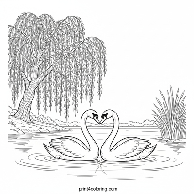 Graceful Embrace: Swans by the Willow Lake - free printable coloring page