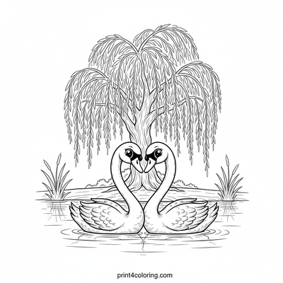 Graceful Swans by the Lakeside Willow - free printable coloring page