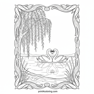 Graceful Swans and Weeping Willow Embrace - free printable coloring page