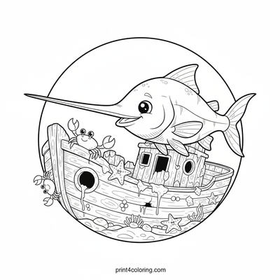 Swordfish's Cozy Shipwreck Quest - free printable coloring page