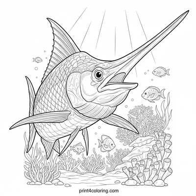 Majestic Swordfish in the Coral Kingdom - free printable coloring page