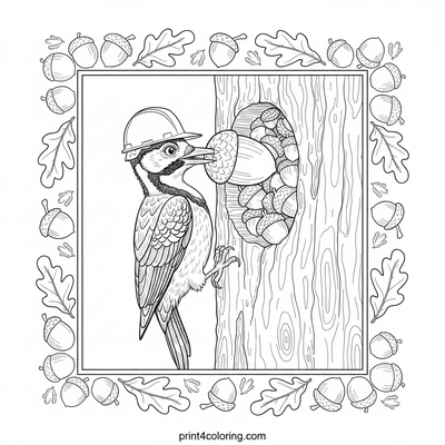 The Acorn Architect: A Woodpecker's Persistent Project - free printable coloring page