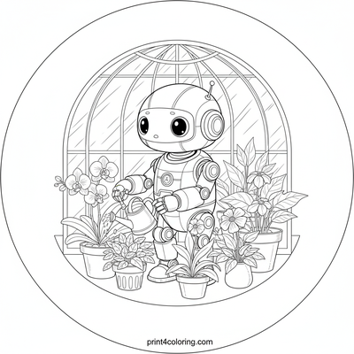 Robo-Botanist's Greenhouse Sanctuary - free printable coloring page