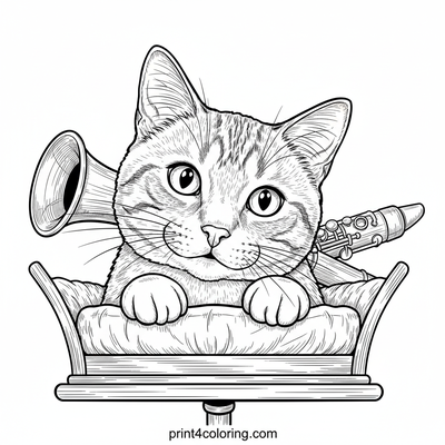 The Curious Cat's Clarinet Discovery - free printable coloring page
