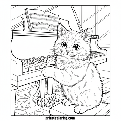 The Curious Kitten's Grand Piano Serenade - free printable coloring page
