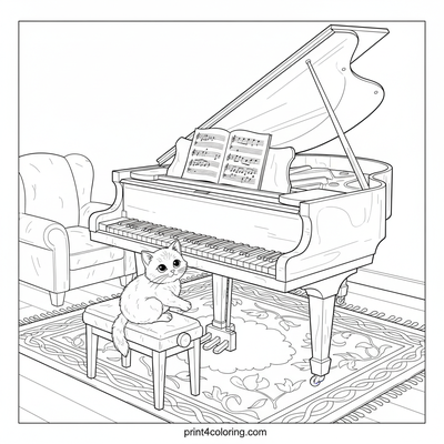 The Curious Kitten's Grand Piano Adventure - free printable coloring page