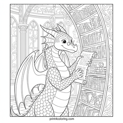 The Scholarly Wyrm - Dragon Librarian's Ancient Quest - free printable coloring page