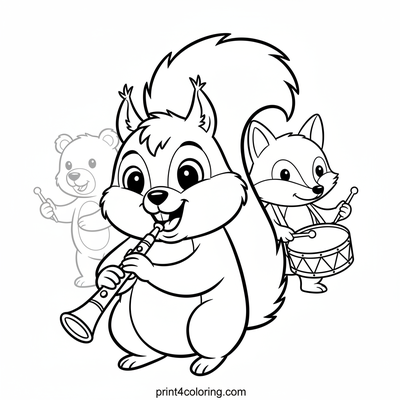 Cheerful Squirrel's Forest Clarinet Parade - free printable coloring page
