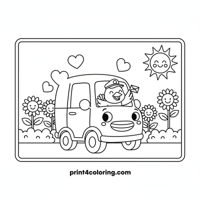 The Friendly Mail Van's Morning Smile - free printable coloring page