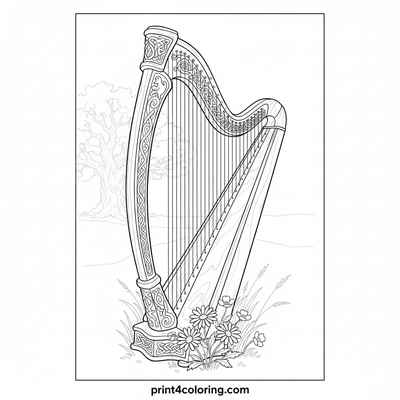Enchanted Celtic Harp in the Whispering Meadow - free printable coloring page