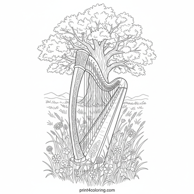 Celtic Harp in Sunlit Meadow - free printable coloring page