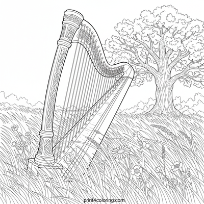 Enchanted Celtic Harp in the Whispering Meadow - free printable coloring page
