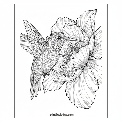 Iridescent Wonder: Hummingbird and Dewdrop Blossom - free printable coloring page