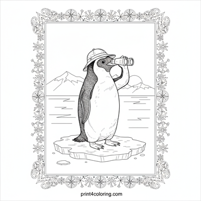 The Penguin Explorer's Grand View (Pattern Frame) - free printable coloring page