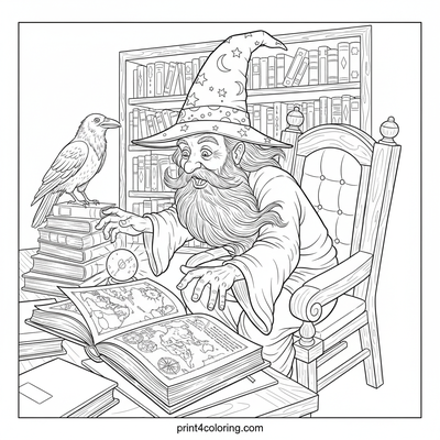 The Scholar Wizard's Grand Library - free printable coloring page