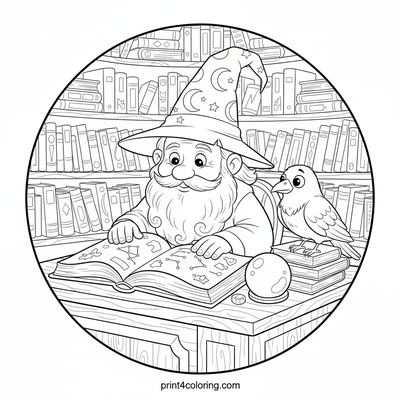 The Scholar Wizard's Cozy Enchantment - free printable coloring page