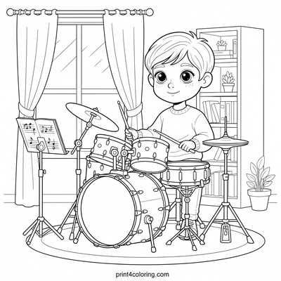 The Young Drummer's Cozy Practice - free printable coloring page