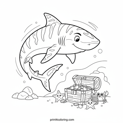 Curious Tiger Shark's Sunken Treasure - free printable coloring page