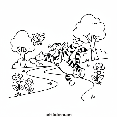 Tigger's Cheerful Forest Race - free printable coloring page