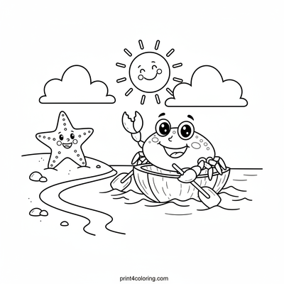 Tiny Crab's Coconut Canoe Adventure - free printable coloring page