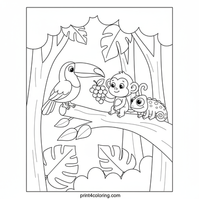 Happy Jungle Friends Sharing Grapes - free printable coloring page