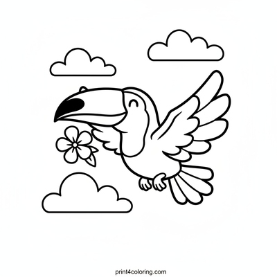 Smiling Toucan's Tropical Flower Flight - free printable coloring page