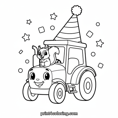 Silly Hat Tractor Celebration - free printable coloring page