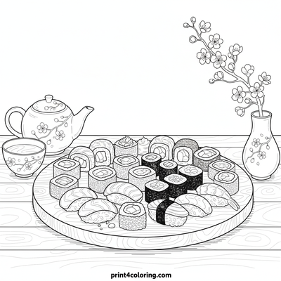 Zen Delights: Traditional Japanese Tea & Sushi Setting - free printable coloring page