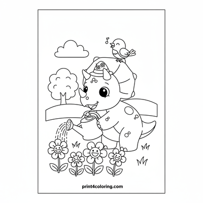 Triceratops's Blooming Garden Adventure - free printable coloring page